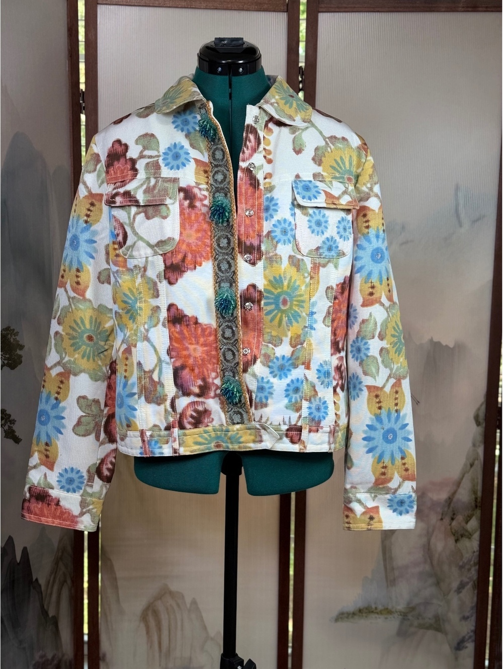 Sonia Bogner Womens 12 Floral Beaded Jacket Silk Trim Multicolor Czech - Picture 3 of 9